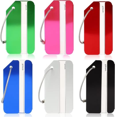 Set van 6 Kofferhangers en Bagagetags voor Vliegtuigreizen, Geschikt voor Koffers, Rugzakken en Reistassen, Afmeting 8 x 4 cm