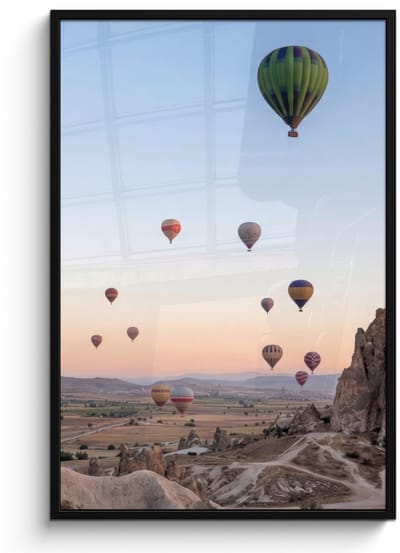 Poster in lijst - Fotolijst 80x120 cm - Posters - Luchtballonnen - Rotsen - Zonsopgang - Posterlijst zwart - Decoratie - Wanddecoratie woonkamer - Muurdecoratie slaapkamer