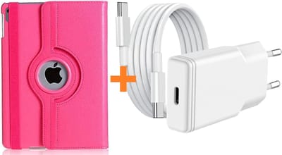 Hoes geschikt voor iPad 2025 hoes Roze -iPad A16 hoes 11th Generation 11 Inch 2025 draaibare bookcase 360° Case met USB C Adapter - USB C oplader- Slim Snellader 20W Met USB C Kabel 1m - Ntech COMBI-SET