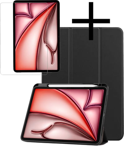 Hoes - Geschikt voor Apple iPad Air (2024/2025/2026) - 11 inch - Met Screenprotector - Trifold Bookcase - Hard Cover Case - Met Uitsparing Geschikt voor Apple Pencil - Hardcover Book - Tablet Hoesje - Zwart