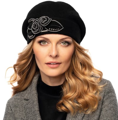 Vivisence Dames Winter Muts - Gemaakt Van 100 Procent Wol Met Handgemaakte Bloemen Met Kralen En Rekbare Afwerking Voor Pasvorm - Warmte Voor Koude Dagen En Een Vrouwelijke Look Zonder Statisch Haar - Zwart