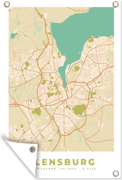 Muurdecoratie Plattegrond - Flensburg - Vintage - Kaart - Stadskaart - 120x180 cm - Tuinposter - Tuindoek