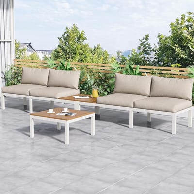 Tuin Loungeset 2-zits met Tafel 120x60x66 cm – Modulair Acaciahout en Verzinkt Staal – Comfortabele Beige Bank voor Terras, Tuin en Serre – Laura