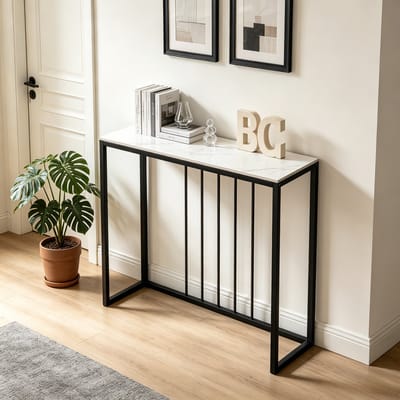 FATIVO Consoletafel marmer- Haltafel - Wandtafel - Sidetable - wit - 80x30x78.5 cm (L x B x H) - Scandinavisch - Bijzettafel met Zwart metalen frame - voor woonkamer, Hal, entree