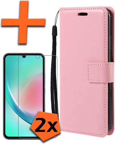 Hoes - Met 2x Screenprotector - Geschikt voor Samsung Galaxy A34 - Luxe Pasjeshouder - Bookcase Portemonee - Flip Case - Kunstleer Book Case - Flipcase Hoes - Book Cover - Walletcase - PortemonneeHoes - Lichtroze