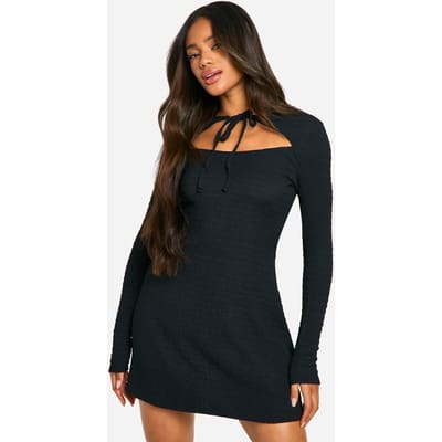 boohoo Dames Getextureerde strik-front skaterjurk | Black | Maat: 10