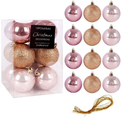 12 stuks Mondex Kerstballen Ø6 cm - Goud/Roze - Glanzend/Glitter