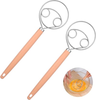 Danish deegbezem van roestvrij staal met lange houten handgreep, ideaal voor het mengen van brooddeeg, zuurdesem en bakaccessoires, set van 2