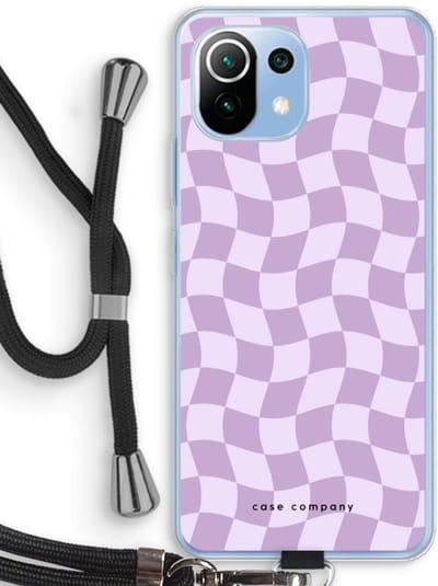 Case Company® - Hoesje met koord geschikt voor Xiaomi Mi 11 Lite hoesje met Koord - Grid Paars - Telefoonhoesje met Zwart Koord - Bescherming aan alle Kanten en Over de Schermrand