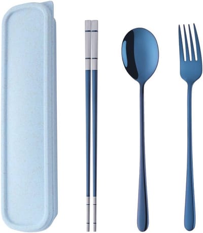 Dailygoods- Reisbestek Draagbaar - Bestekset 1 Persoon - Roestvrij Staal - Eetstokjes - Vork - Lepel - Tarwe Doos