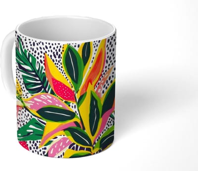 Mok - Koffiemok - Tropisch - Bladeren - Zwart - wit - Mokken - 350 ML - Beker - Koffiemokken - Theemok