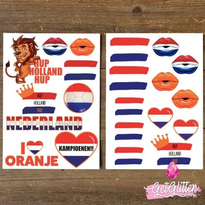 GetGlitterBaby® - Plak Tattoos Voetbal / Tijdelijke Tattoo Stickers / Nep Tatoeage / Rood Wit Blauw Oranje Gezicht en Lichaam Schmink Versiering - Nederland / Nederlandse Vlag / Nederlands Elftal - 2 stuks