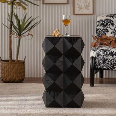 Table d'appoint - MUVOE - Vintage - Bois massif - Hauteur 60 cm - Relief tridimensionnel noir