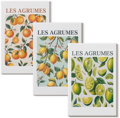 Wallfluent Set van canvas schilderijen - Fruitige citruspatronen in pastelkleuren Canvas Schilderijen Set - set 3 stuks 20x30 cm - Oranje Set van Canvas Prints - Natuur Canvas Kunst Set - Boheemse Canvas Kunst Set