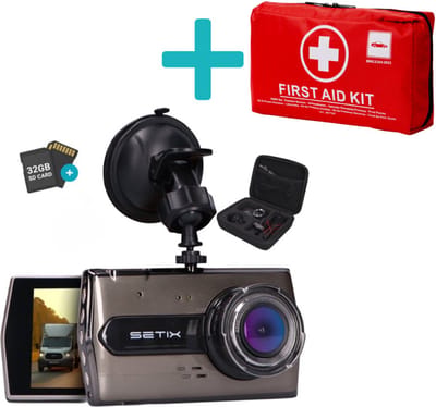 Setix Dashcam Go Met Auto-EHBO-tas - Voor en Achter Camera – Inclusief 32GB SD kaart - Full HD 1080P Resolutie – Met Opbergcase tegen Diefstal - Nachtzicht – Plug & Play - Parkeermodus - 170 Graden Kijkhoek – Loop Recording – 2025 Auto Camera
