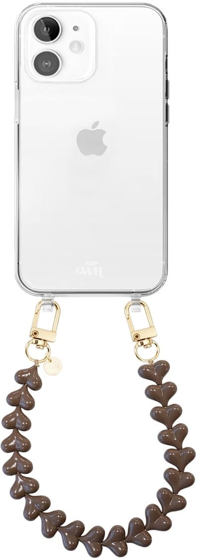 xoxo Wildhearts siliconen hoesje geschikt voor iPhone 11 hoesje - Funky Hearts (Dark Brown) - Telefoonhoesje - Hoesje met koord - Bordeaux rood koord - kort telefoonkoord - Hartjes ketting - Transparant hoesje