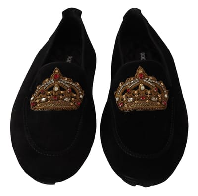 Dolce & Gabbana Zwarte Leren Kristal Gouden Kroon Instappers Schoenen