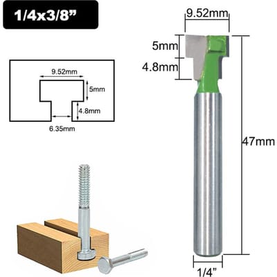 Sleutelgatfreesset 6,35 mm (1/4 inch) Schacht 5/16 3/8 & 1/2 Inch Bladdiameter voor Hout Zeskantbout T-sleuf Frezen groen