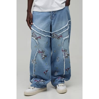 Super Baggy Jeans Met Bloemen Patchwork | Light Blue | Size 32R