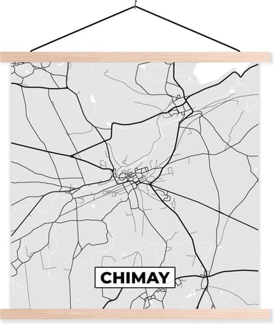 Posterhanger incl. Poster 40x40 cm - Schoolplaat - België – Chimay – Stadskaart – Kaart – Zwart Wit – Plattegrond - Textielposter - Blanke latten - Stadskaart