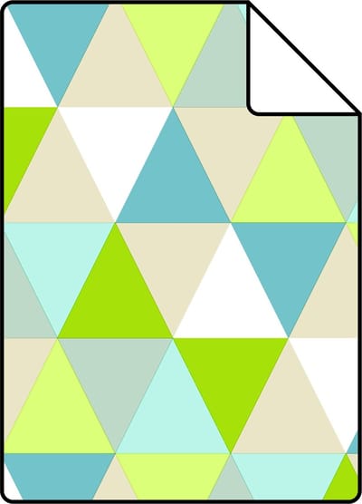 Proefstaal ESTAhome behang driehoekjes limegroen, turquoise en beige - 26.5 x 21 cm - 138713-S