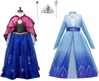 Het Betere Merk 2 x prinsessenjurk - verkleedkleren meisje- Elsa + Anna jurk - maat 92/98 (100) + tiara + toverstaf + Elsa vlecht