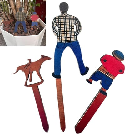 Tuinstekers Hout - Plantenmarkers Set - Planten Versieren - Grappige Figuren - 3 Delig - Geel Blauw Rood