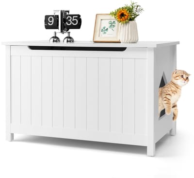 COSTWAY Kattenhuis kattenbakkast, kattenmand met ingang en klapdeksel, huisdierbox met afneembare scheidingswand en 2 haken, kattentoilet, bijzettafel en kattenkast, wit