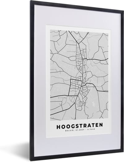 Fotolijst incl. Poster Zwart Wit- Stadskaart – Plattegrond – België – Zwart Wit – Hoogstraten – Kaart - 40x60 cm - Posterlijst