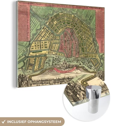MuchoWow® Glasschilderij 40x30 cm - Schilderij acrylglas - Plattegrond - Amsterdam - Nederland - Foto op glas - Schilderijen - Stadskaart