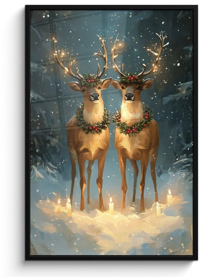Poster in lijst - Fotolijst 80x120 cm - Posters - Dennensprookje - Rendier - Nacht - Posterlijst zwart - Decoratie - Wanddecoratie woonkamer - Muurdecoratie slaapkamer