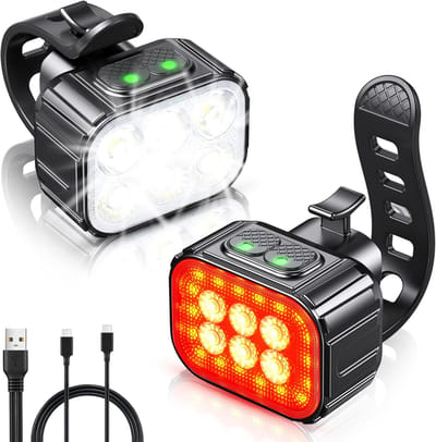 Fietsverlichting - Koplamp, Oplaadbaar via USB, IP65 Waterdicht, LED-Fietsverlichting met Spotlight- en Schijnwerperbundel, 8 + 12 Modi, Super Helder, Voor- en Achterverlichting