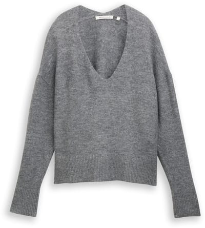 Tom Tailor Denim - Relaxed fit gebreide trui met V-hals - Maat L - Stormy Gray Melange