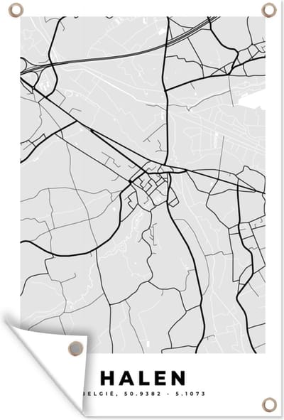 Muurdecoratie Zwart Wit – België – Plattegrond – Stadskaart – Kaart – Halen - 120x180 cm - Tuinposter - Tuindoek