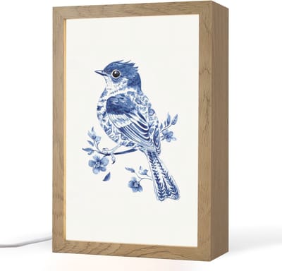 Tafellamp 20x30 cm - LED lamp - Vogel - Delfts blauw - Illustratie - Bloemen - Decoratieve tafellampen - Dimbaar - Tafellampje slaapkamer - Woonkamer binnen