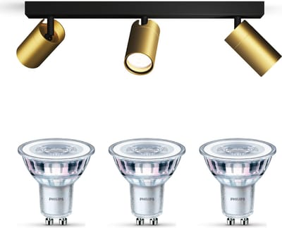 Philips Idris Opbouwspot voor Badkamer(Zwart/Goud) - Badkamerlamp - Warmwit Licht - Plafondspot met 3 Lichtpunten - GU10 - Niet Dimbaar