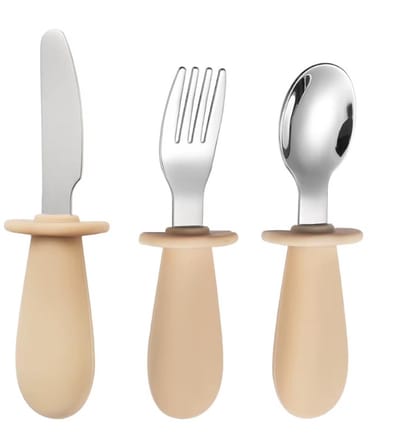 Baby Bestekset Beige - RVS – Kinder Bestekset - Peuterbestek - Vork, Lepel & Mes – Siliconen Handvat – BPA-vrij – Geschikt voor Baby’s en Peuters – Vaatwasserbestendig