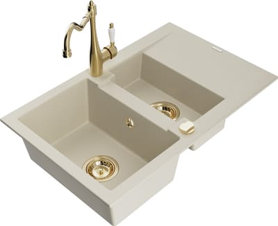 Mexen Gaspar granieten spoelbak 1,5-komorige met afdruiprek en keukenmengkraan Carla, beige - 6507-69-670700-50