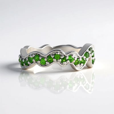 Cavill - Elegante Zilveren Damesring - 925 Sterling Zilver Platina - 0,41 ct Ronde Russische Diopsied Groen - Golvend Design
