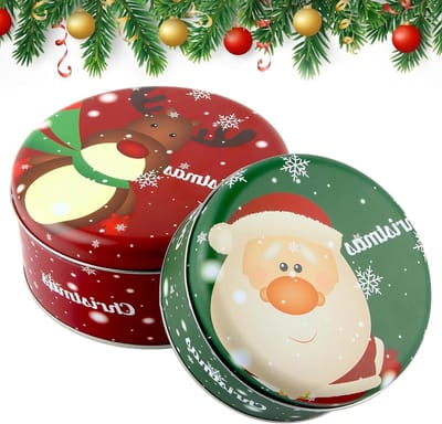 Set van 2 Ronde Kerstkoekjesblikken van Metaal, Decoratieve Blikken voor Snoep en Gebak, Perfect als Cadeau en Spaarpot