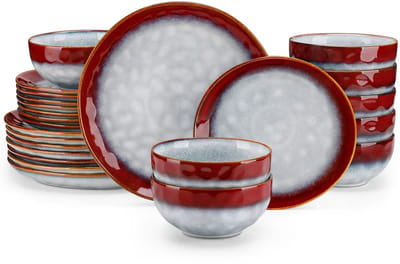 Luxe Serviesset – 24 delig – 8 persoons – keramische - Bordenset – Dinner platen – Dessertborden - Kommen - Wit + Rood