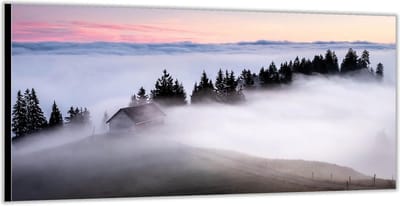 KuijsFotoprint - Schilderij - Boomtoppen In De Mist - Zwart, Wit En Blauw - 100 X 200 Cm