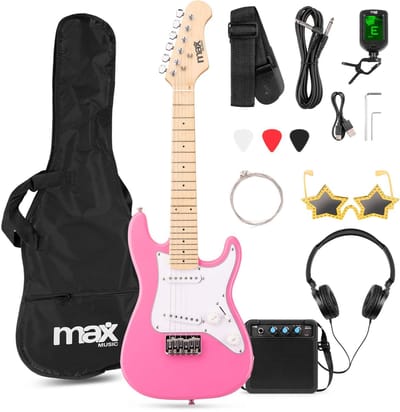 Kinder gitaar - MAX GigKit Junior 1/4 - Elektrische gitaar kind - Compleet met accessoires - Roze