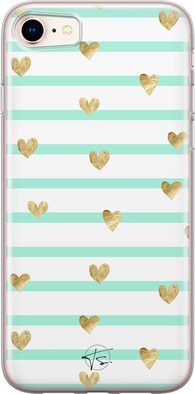Hoesje geschikt voor iPhone SE (2020) - Mint hartjes - Soft Case - TPU - Print - Blauw - Mooie Telefoonhoesjes