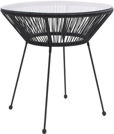 Tuintafel Rattan - Balkontafel Buiten - Terras Dineren - Gehard Glasblad - 70cm Diameter - Zwart