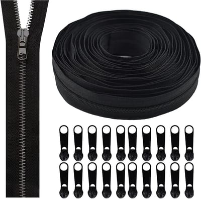 Set van 20 metalen sliders en 9,3 m separabele ritsen voor kleding, jassen en naaiprojecten, zwart