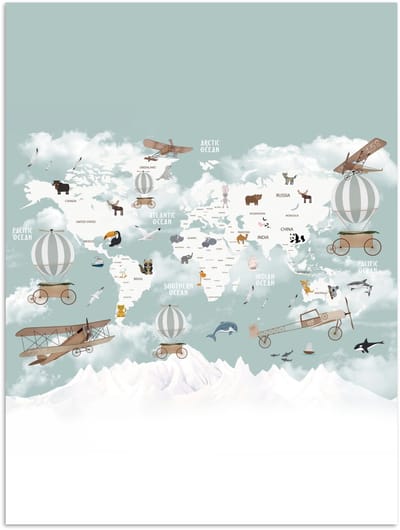 Wereldkaart - Kind - Vliegtuig - 120x160 cm - Poster
