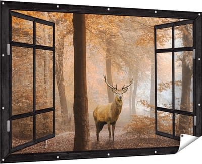 Gards Tuinposter Doorkijk Hert in het Bos - Herfst - 180x120 cm - Tuindoek - Tuindecoratie - Wanddecoratie buiten - Tuinschilderij