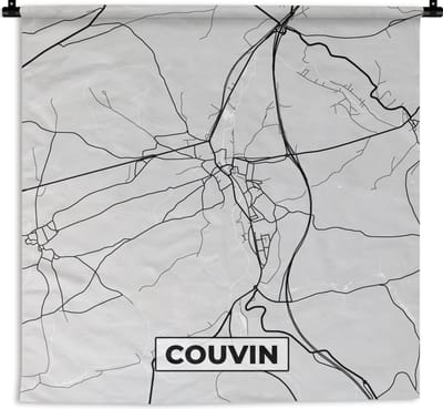 Wandkleed - Wanddoek - Stadskaart – Plattegrond – België – Zwart Wit – Couvin – Kaart - 180x180 cm - Wandtapijt