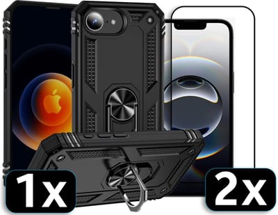 Casemania Hoesje/Glas Geschikt voor Apple iPhone 16e - Zwart - Anti-Shock Hybrid Armor Back Cover - Hoes met Kickstand Ring - 2x Glazen Screenprotector